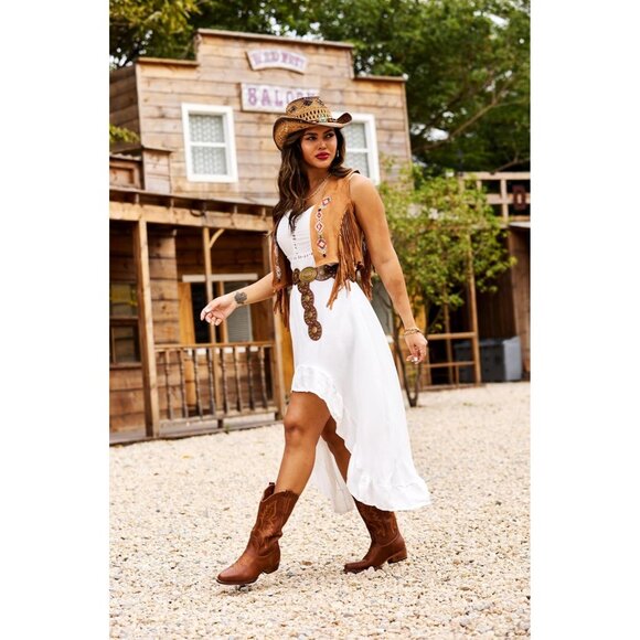 Women's Brown Western Boots Cowgirl Boots Pull On Pointy Toe Mid Calf Boots - Picture 3 of 6